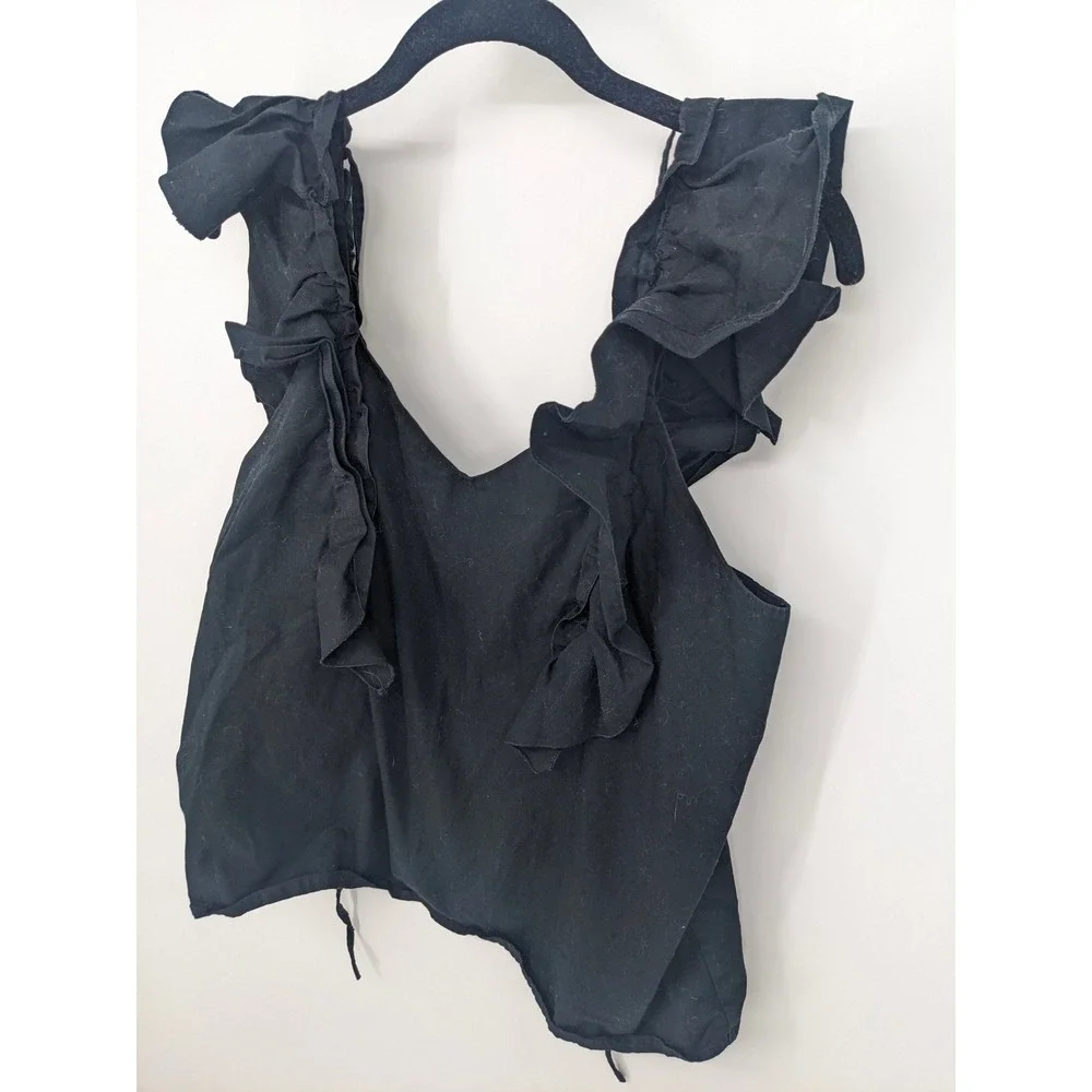 G Label by Goop Flutter Sleeve Top Black Large Tie Back Ruffle Shirt Boho Casual